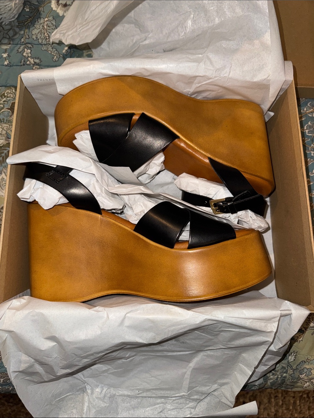 Anthropologie Black Leather Crisscross Platform Wedge Sandals - Picture 5 of 9